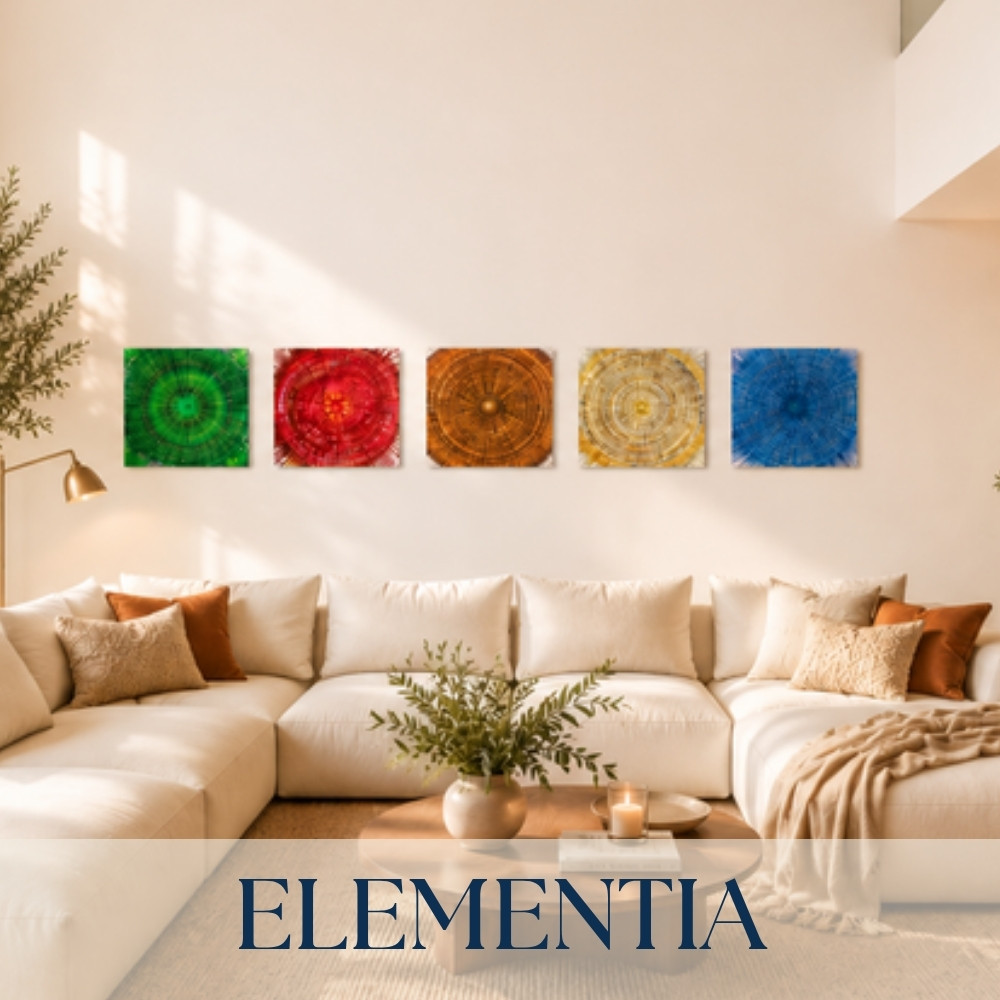 Elementia, Bilder zu den fünf Elementen Holz, Feuer, Erde, Metall und Wasser
